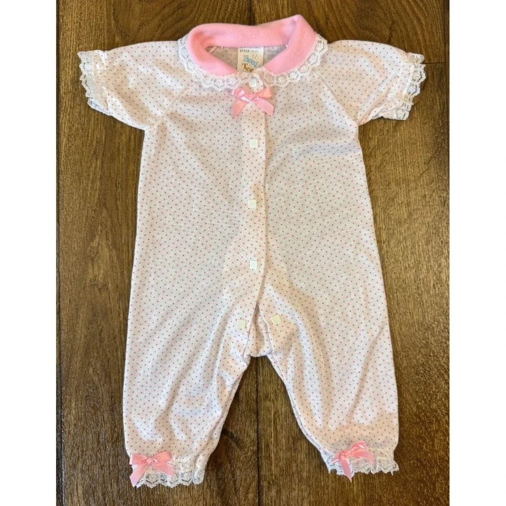 Vintage Baby Terry Brand Girl Outfit 3 3/6 Months Pink Dots Bow Lace Square Snap